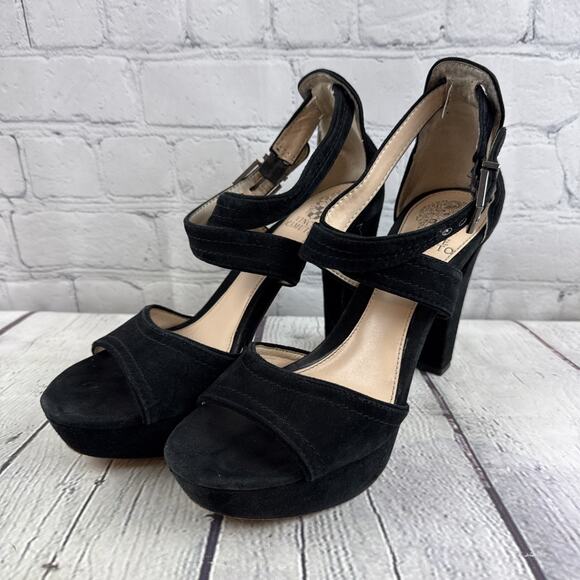 Vince Camuto‎ Sandals Womens 7.5 Black Suede Heeled Cross Strap Open Toe Shayla - Picture 1 of 9